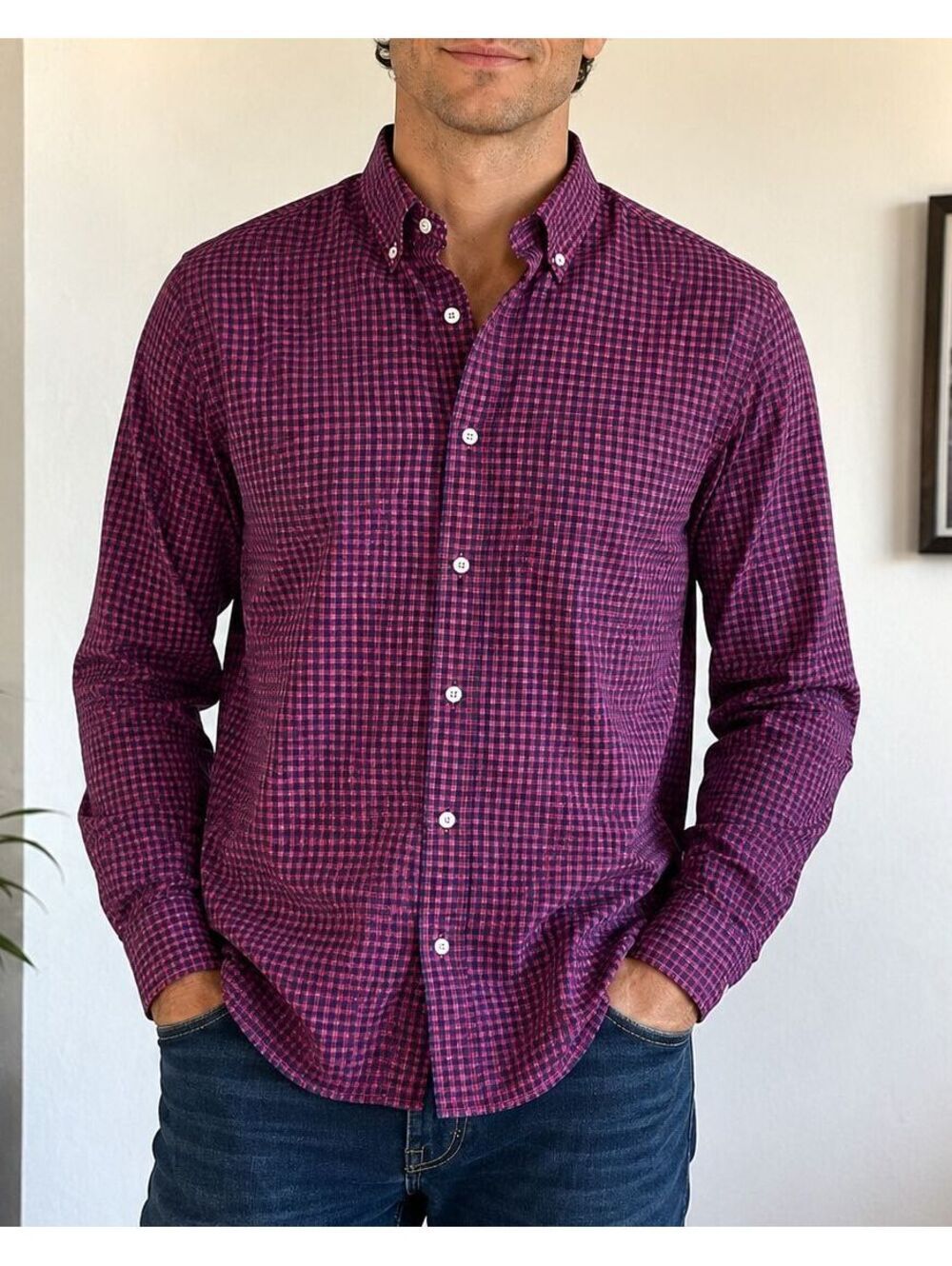Charles Tyrwhitt Mens M Slim Fit Non Iron Shirt Red Navy Micro Check Cotton